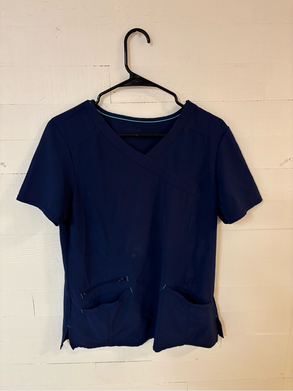 Scrubstar Navy Blue Stretch Scrub Top Small Asymmetrical Neck